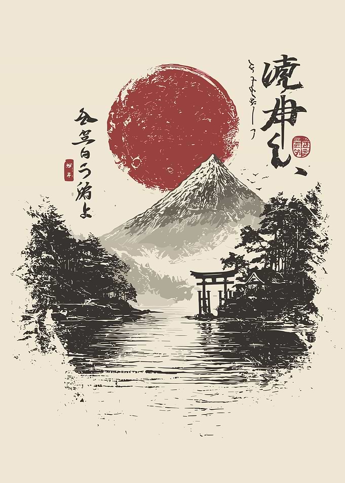Mount Fuji Landscape with Torii Gate