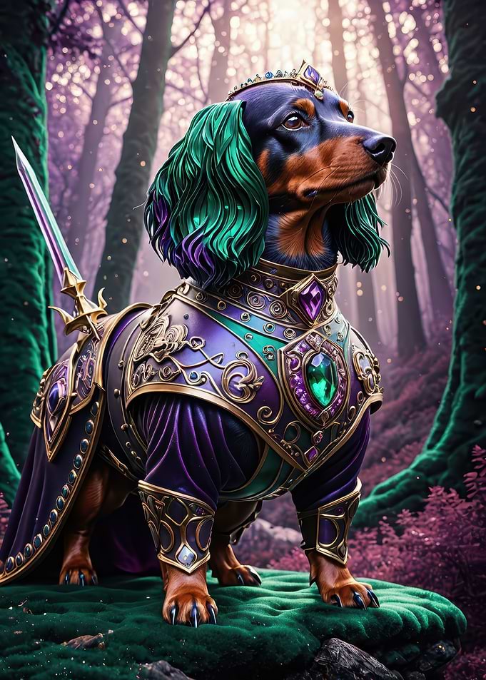 Regal Armored Dachshund Knight — Fantasy Canine Portrait in Jeweled Armor
