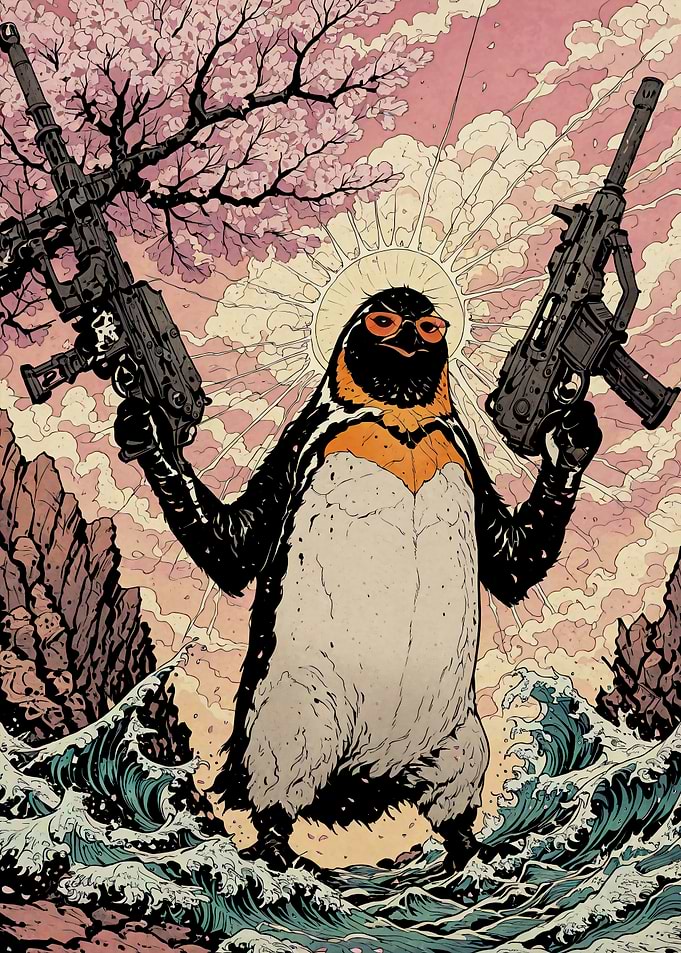 Armed Penguin Riffle in Ukiyo-e Style Sakura Cherry Blossom Japanese Traditional Art