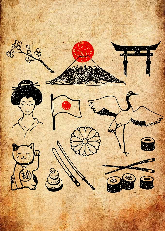 Japanese Culture Doodle Art on Parchment