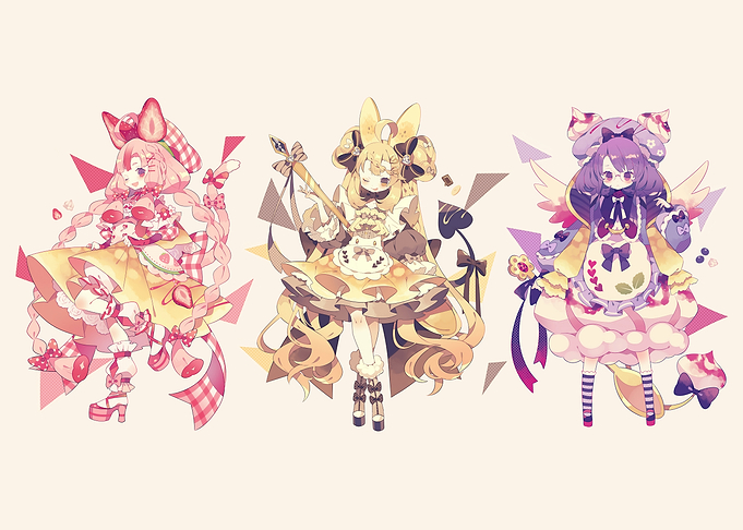 Three Dessert-Themed Anime Girls Illustration