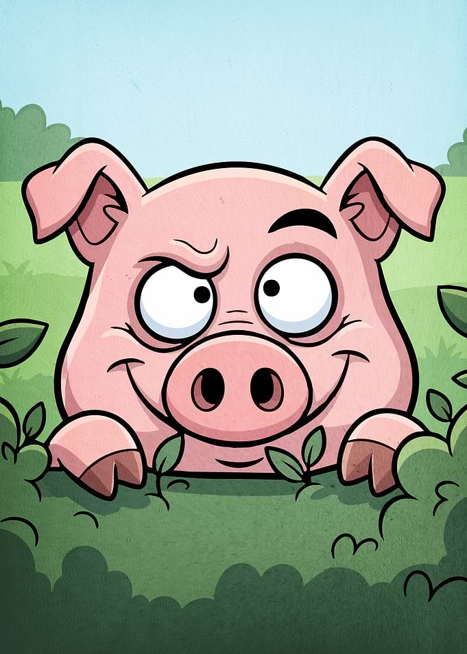 Pig Peeking Over Bush