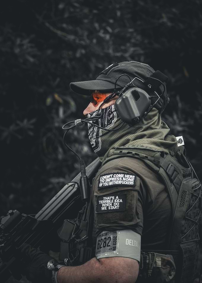 Soldier in tactical gear, serious expression