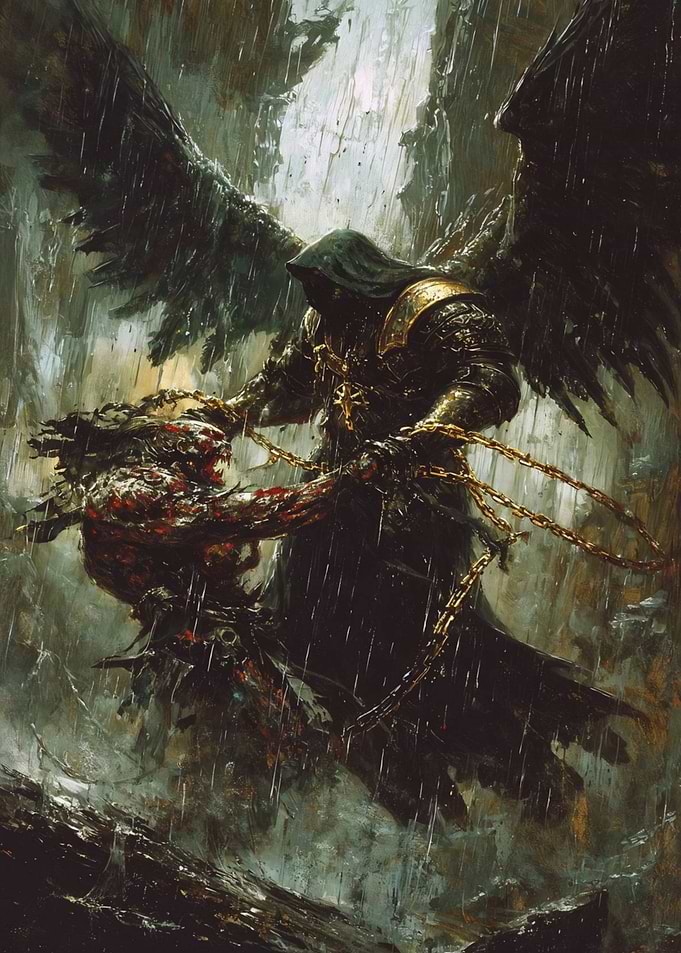 Winged Figure Chains a Demon in Rain