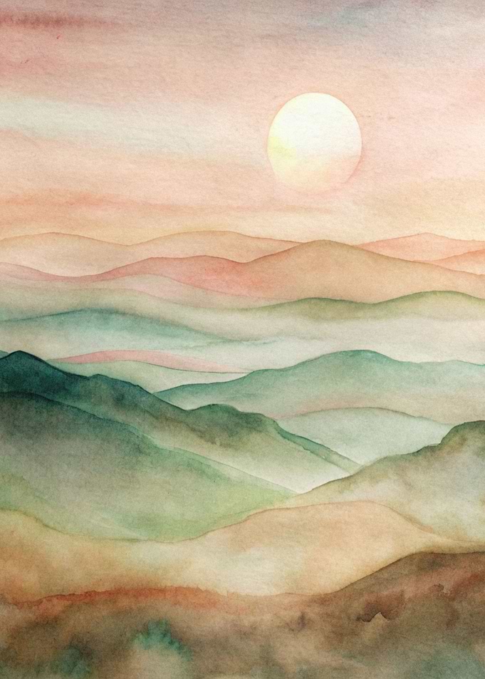Watercolor Mountain Landscape with Rising Sun