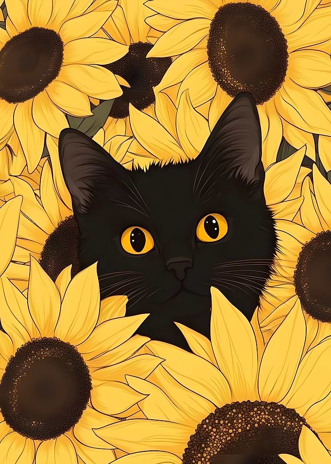 Black cat in sunflowers