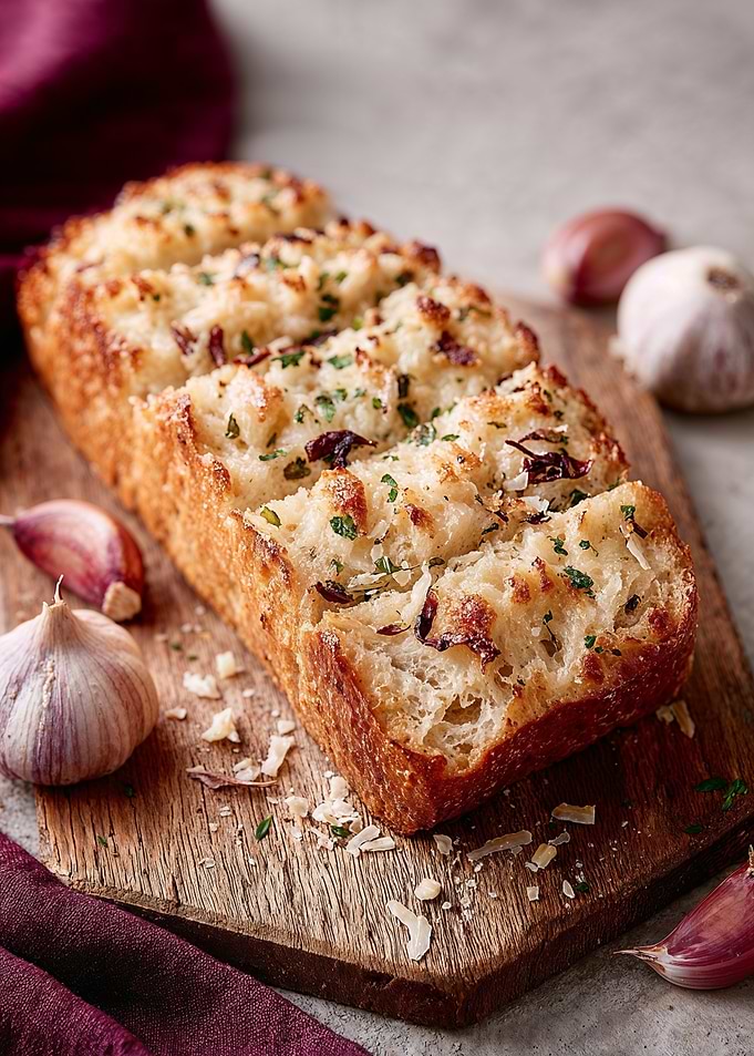 Garlic Bread Loaf on Wooden Board