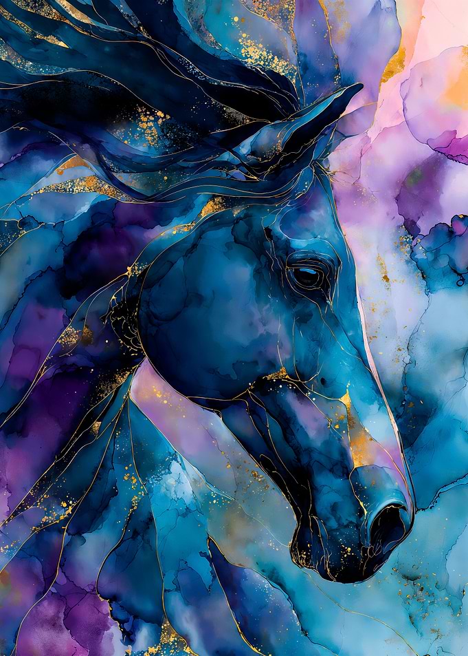 Abstract Horse Portrait in Blue and Gold