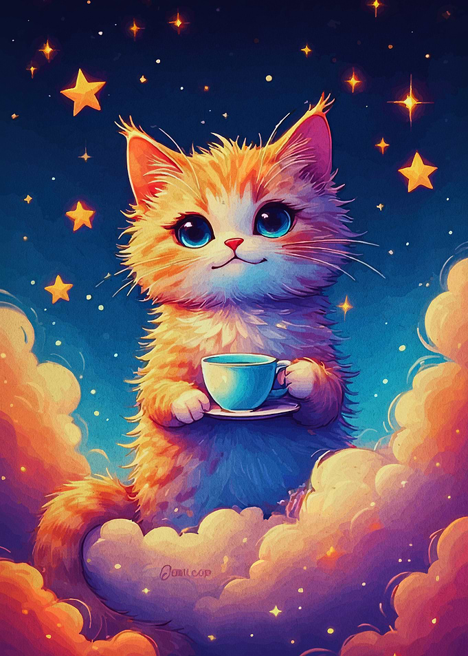 Cute Cat with Tea in the Sky