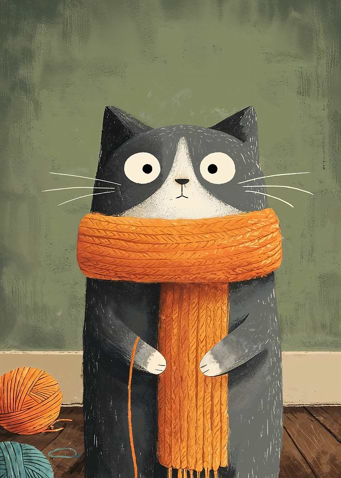 Knitting Cat with Orange Scarf