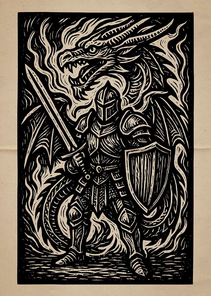 Dragon Knight Linocut Print Art