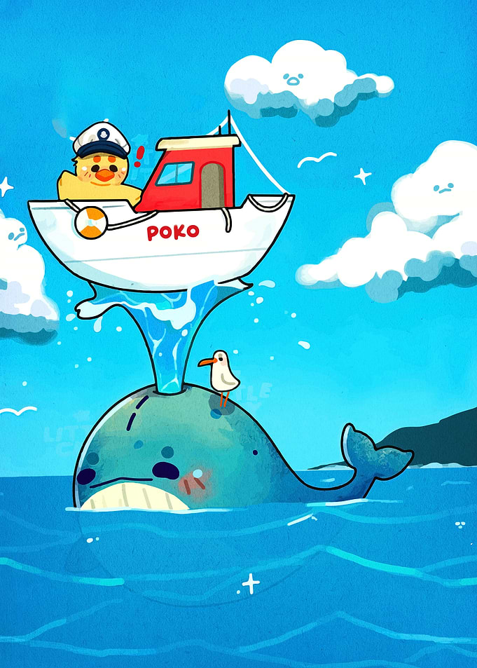 Duck Captain on Whale Cartoon Illustration