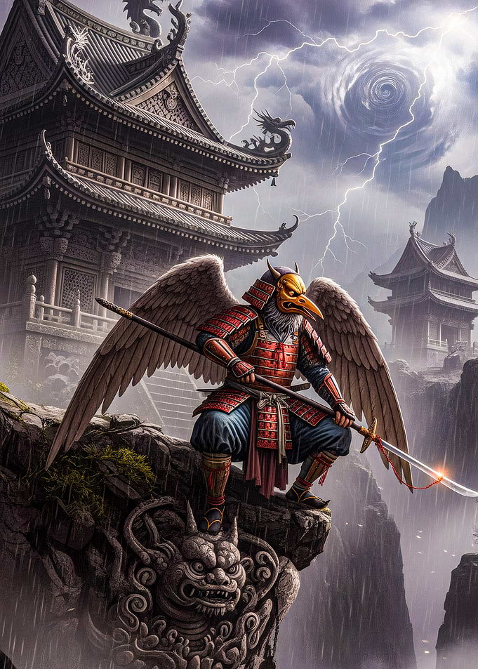 Tengu Warrior in Stormy Landscape