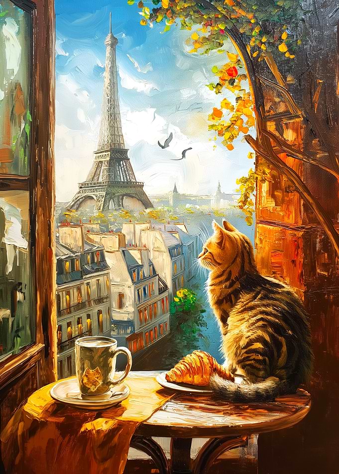 Parisian Morning with Cat and Croissant
