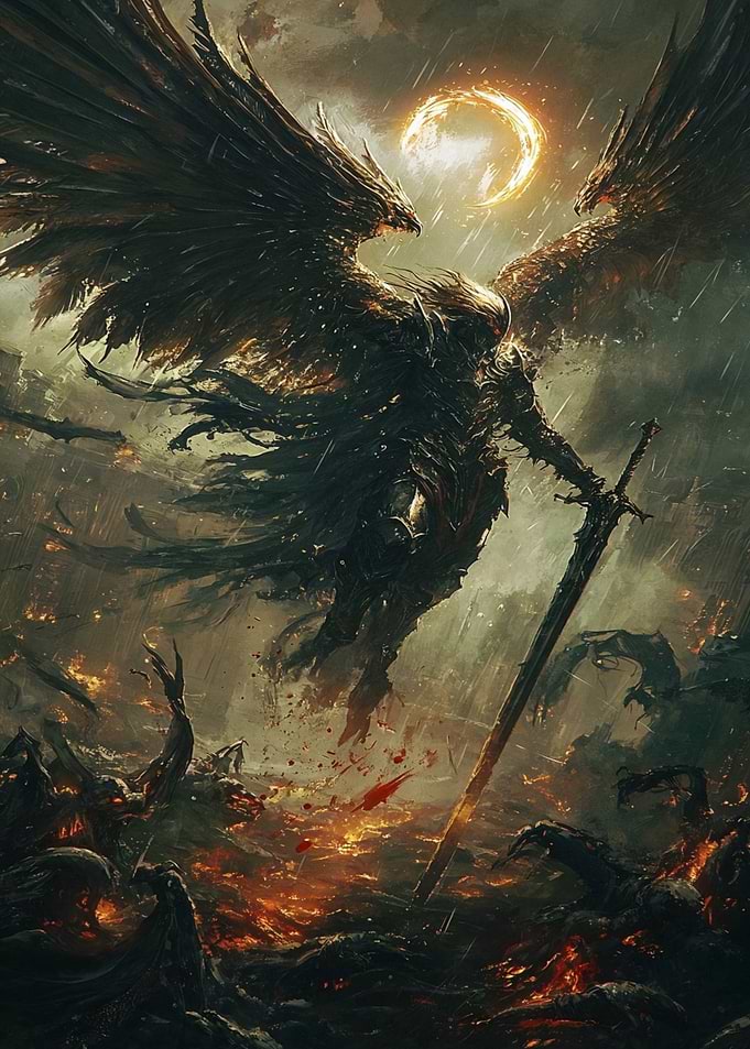 Winged Warrior with Sword in Battle