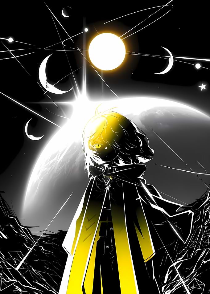 Monochrome Anime Character in Space