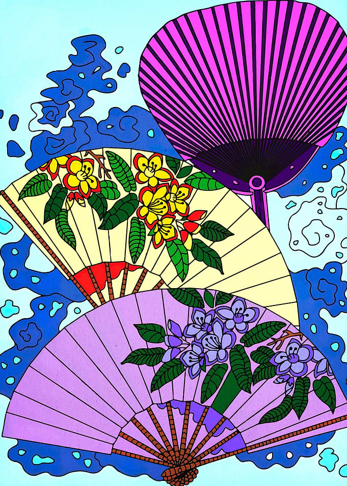 Floral Fans with Water Pattern