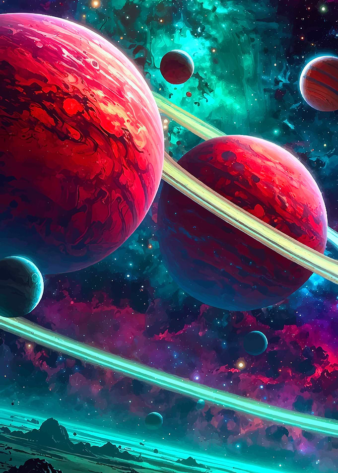 Vibrant Space Scene with Ringed Planets