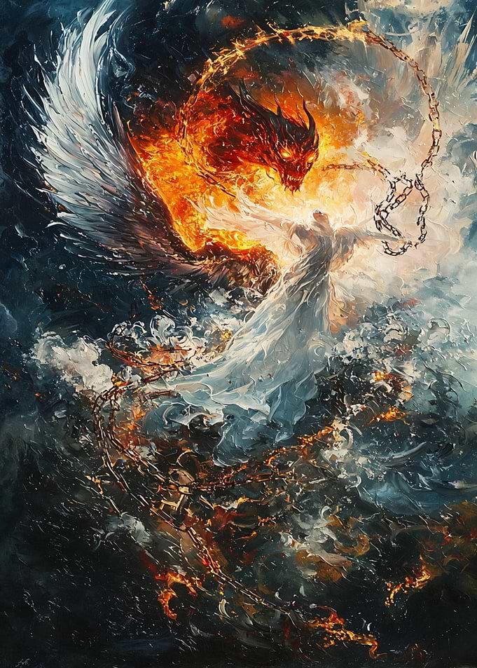 Angel and Fire Dragon Confrontation Art