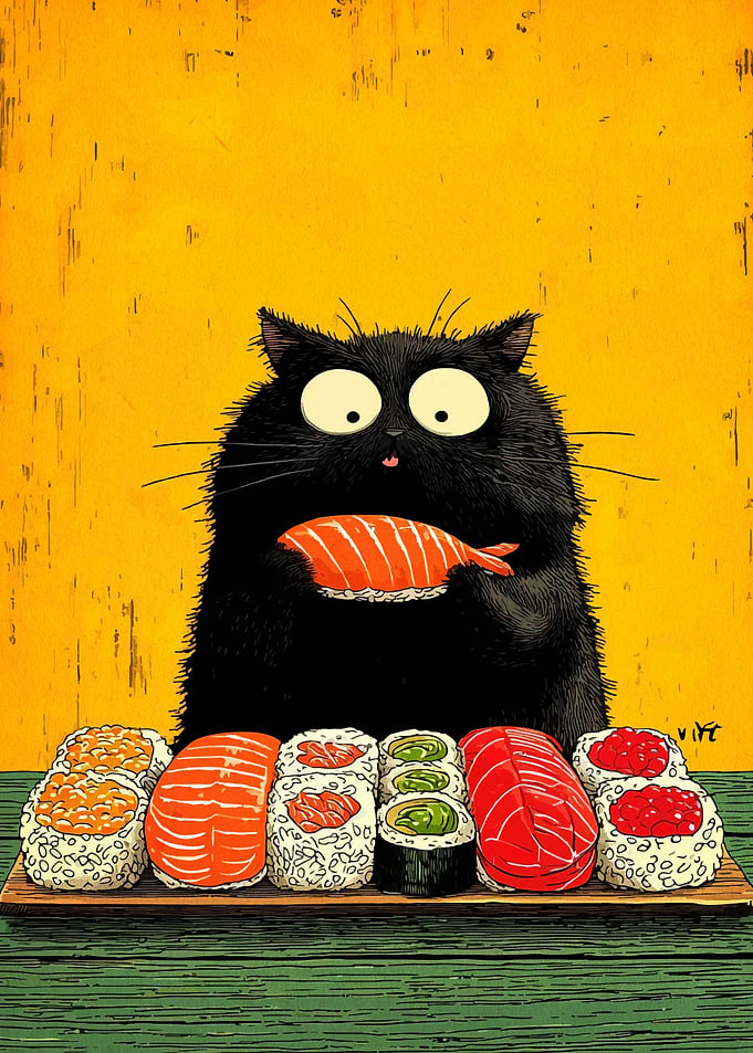 Black Cat with Sushi Feast