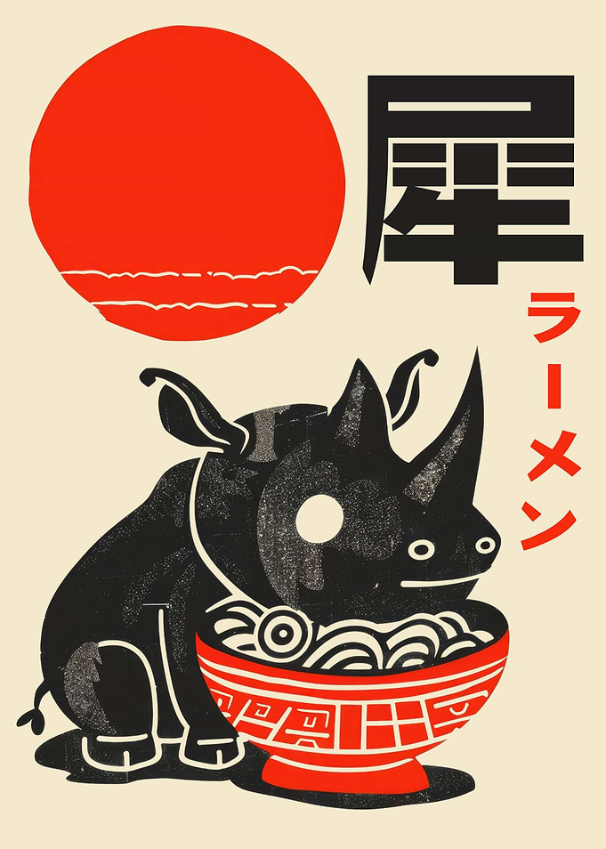 Rhino Ramen Japanese Woodblock Print