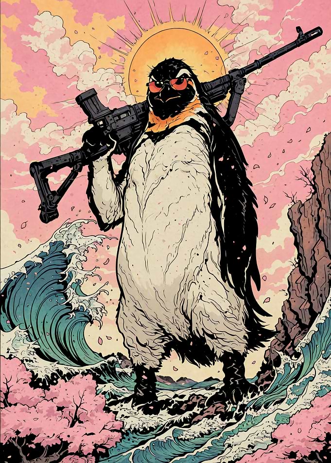 Armed Penguin Gun on a Floral Shore Sakura Cherry Blososm Japanese Traditional Art
