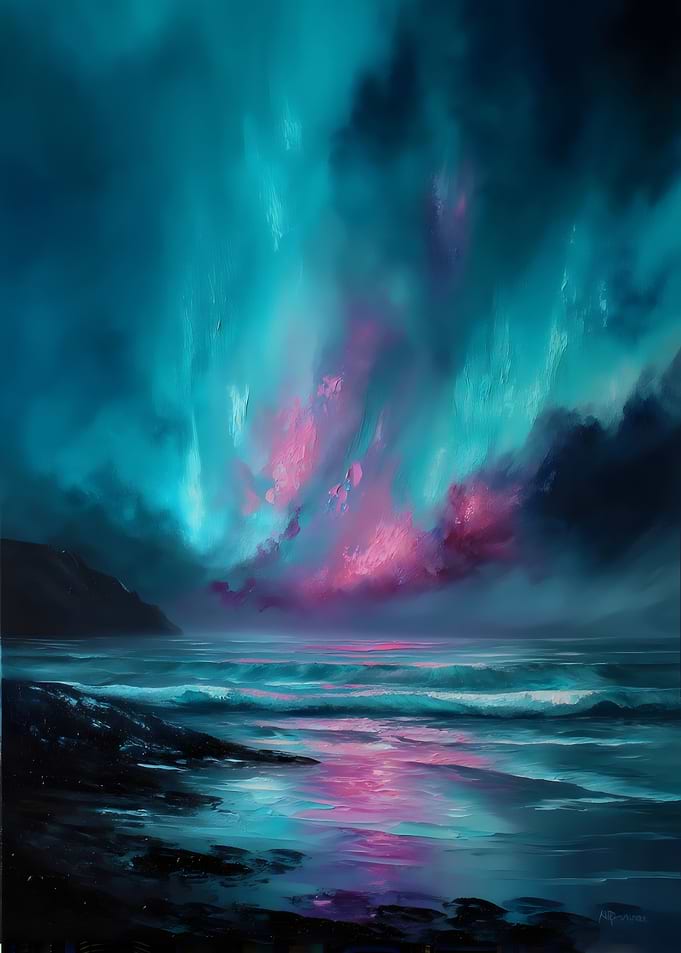 Abstract Coastal Painting with Aurora Sky