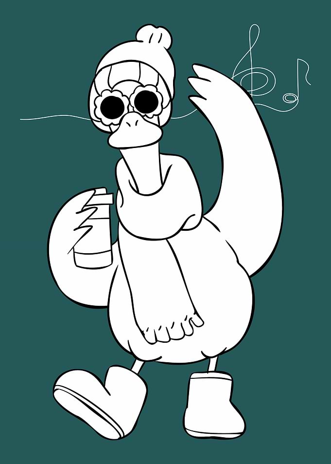 Cartoon Duck with Coffee and Music
