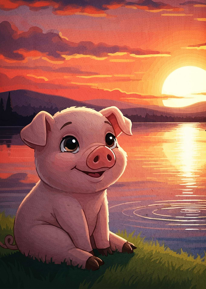 Cute Piglet Sunset Lake