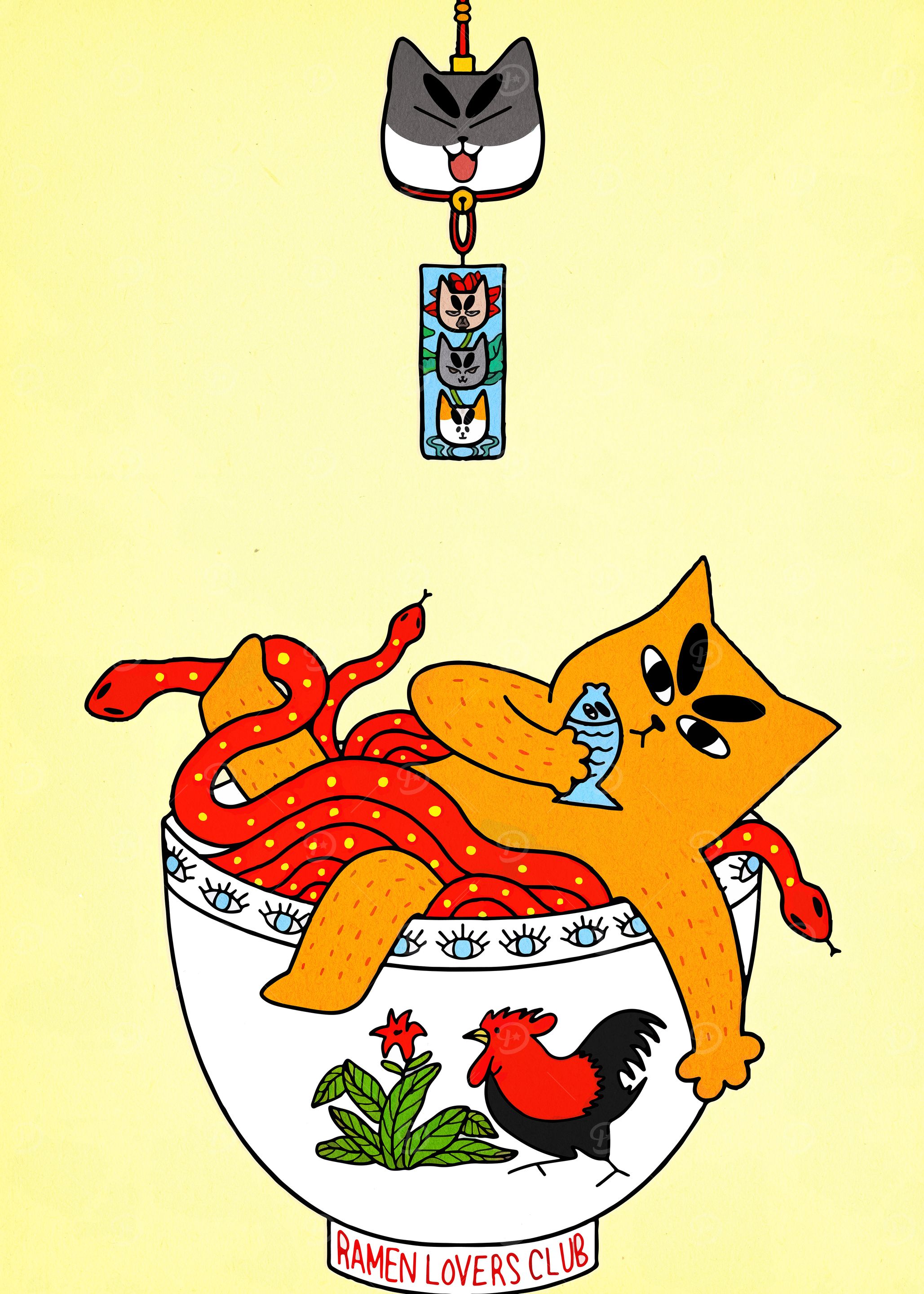 Ramen Cat with Snakes and Fish