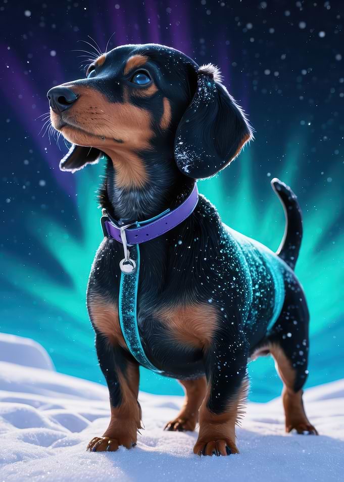 Winter Aurora Dachshund — Realistic Digital Portrait of a Dachshund Puppy in Snow