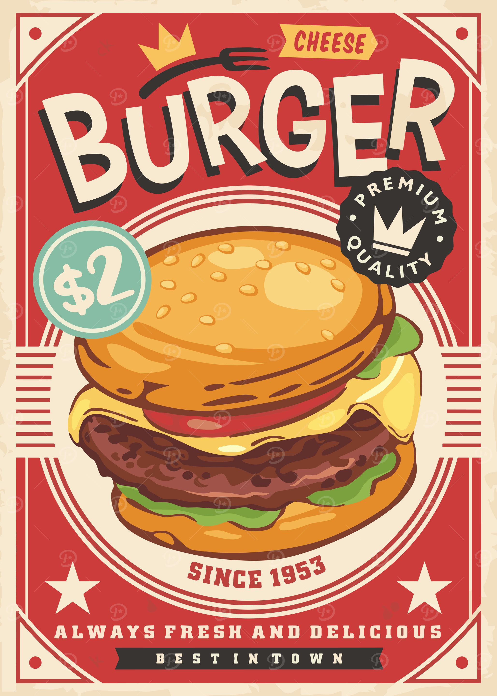 Retro Cheese Burger Poster Illustration