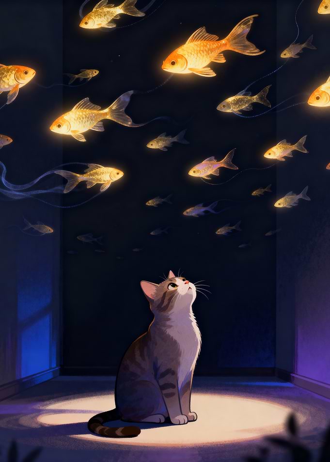 Cat Gazing at Floating Goldfish