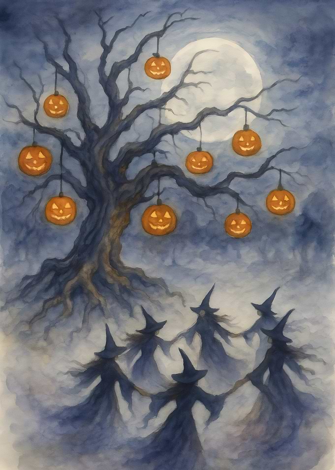 Halloween Witches Circle with Pumpkin Lanterns