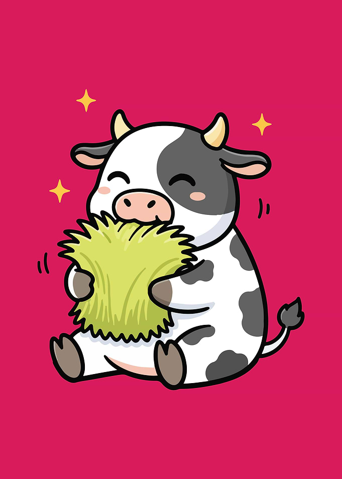 Cute Cow Eating Hay Cartoon Illustration