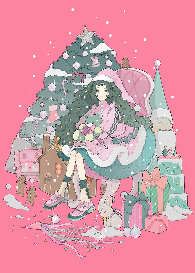 Christmas Girl with Teddy Bear