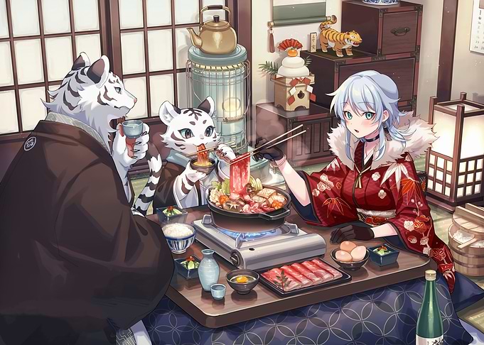 Anime characters enjoying a Japanese meal