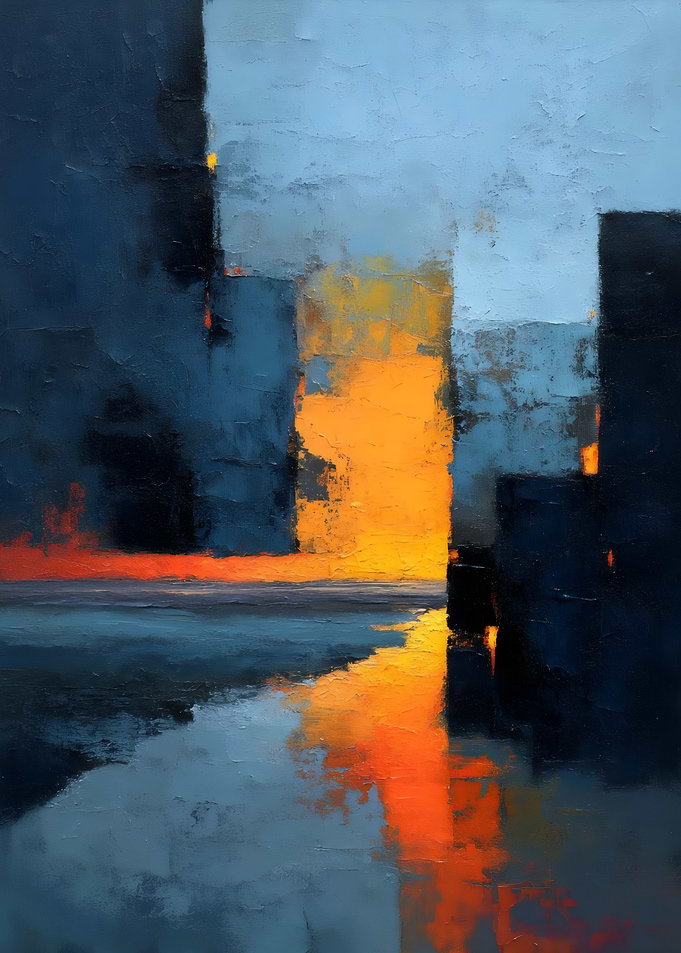 Abstract Cityscape Painting with Orange Glow