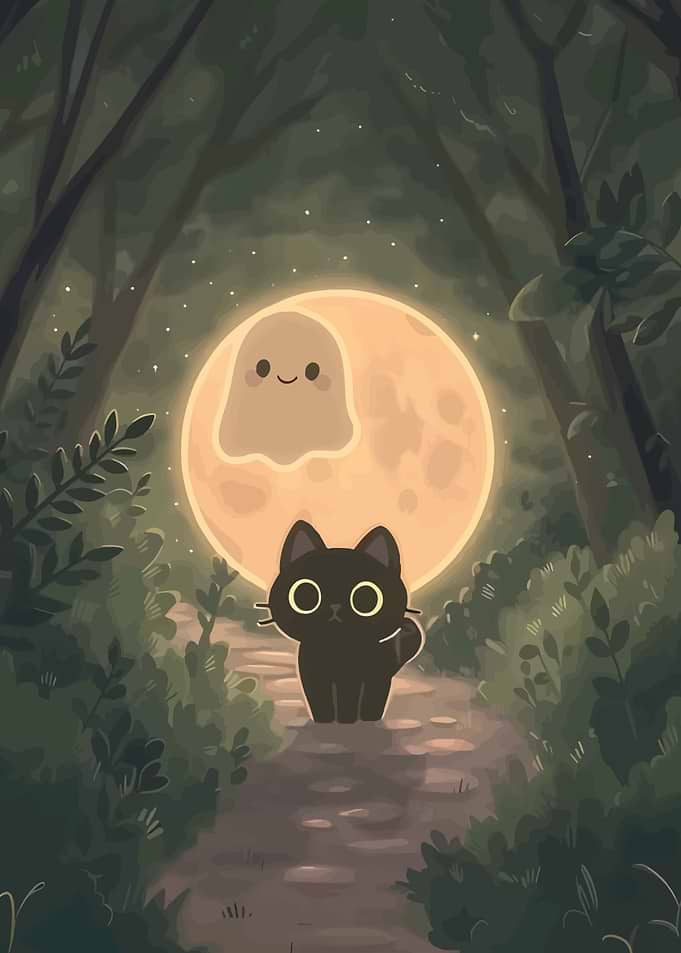 Cute Black Cat and Ghost