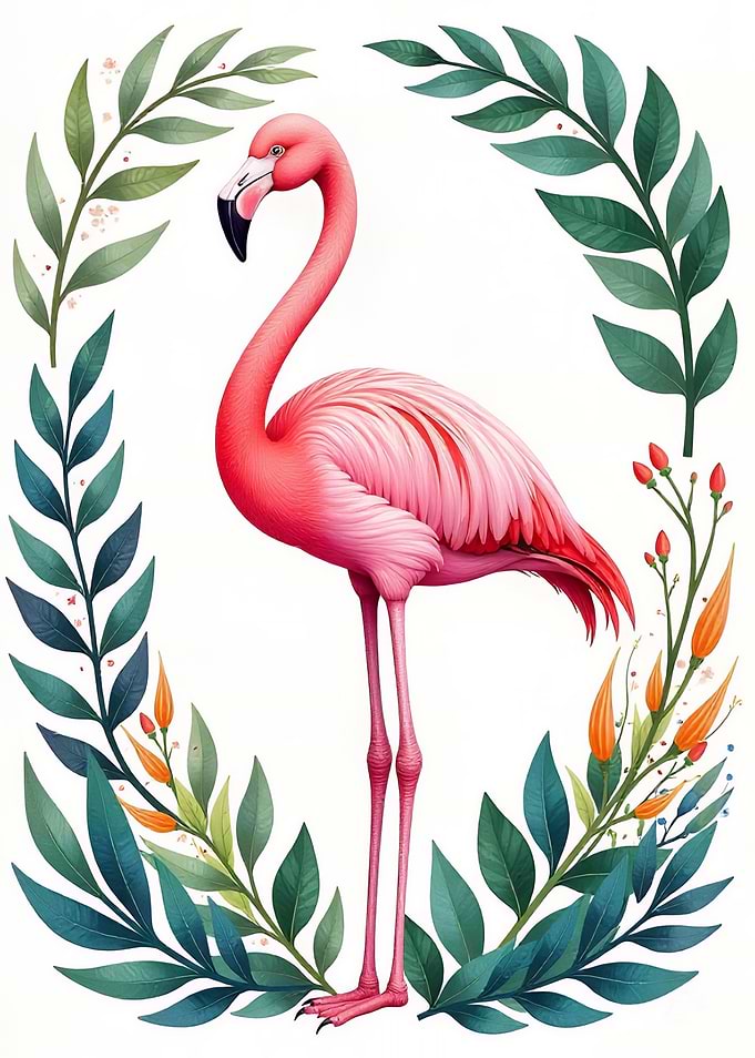 Pink Flamingo with Green Leaves Frame