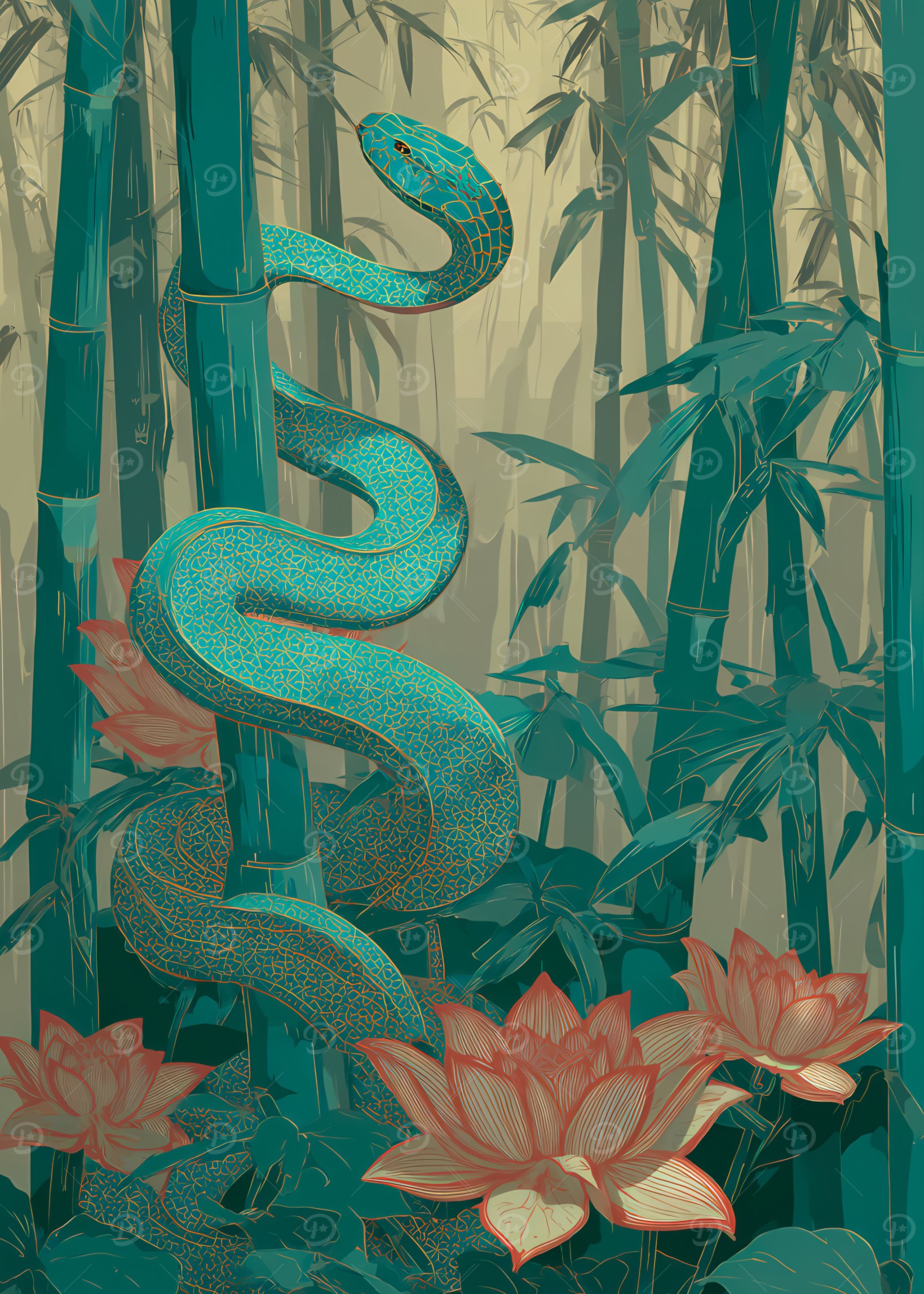 Snake in Bamboo Forest with Lotus