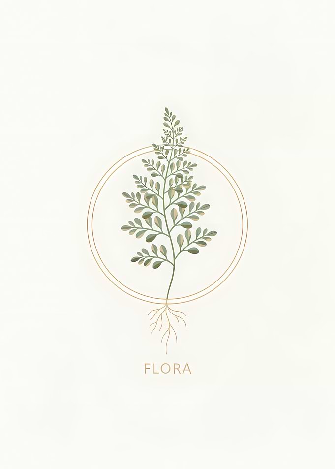 Flora botanical illustration with golden circle