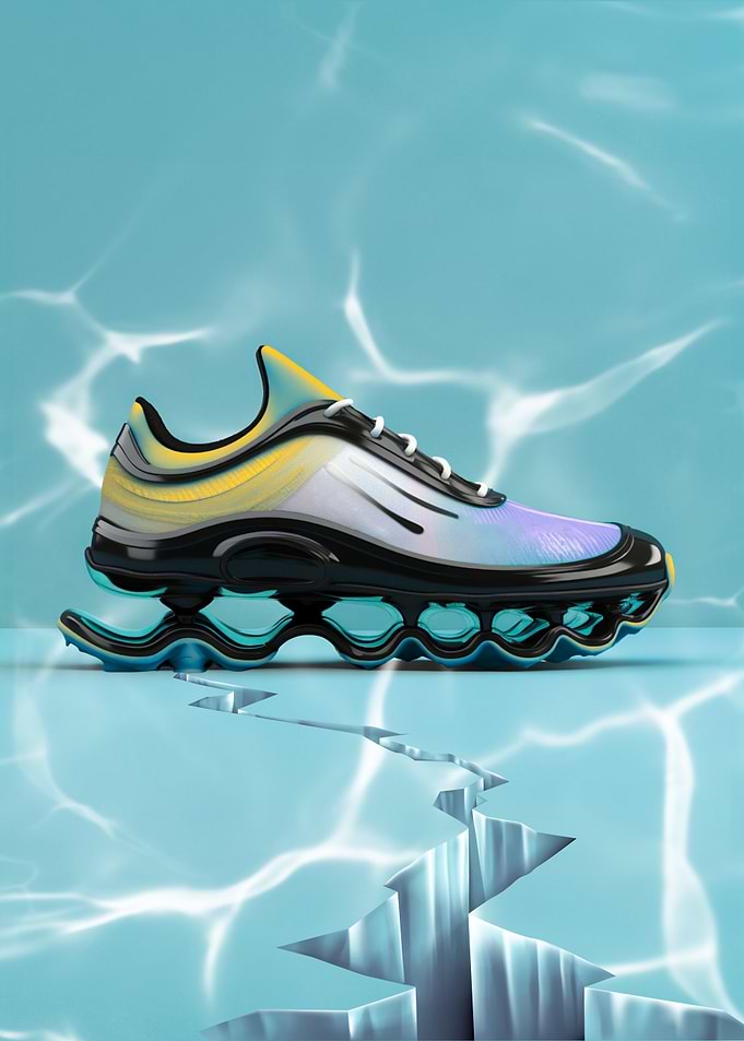 Futuristic Sneaker on Cracked Ice Surface