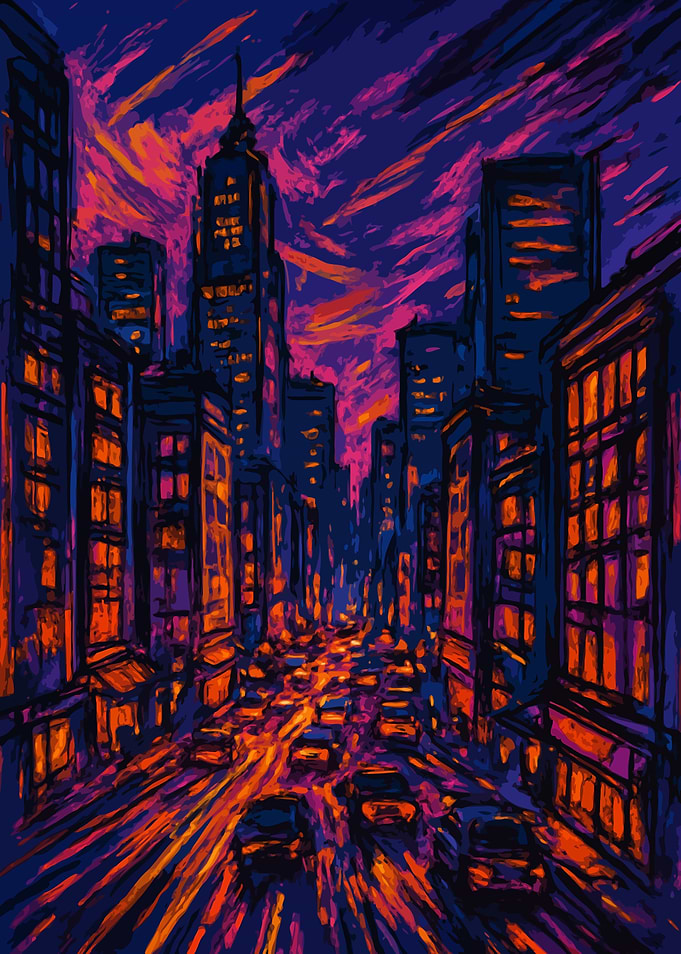 Cityscape at Night with Traffic Art