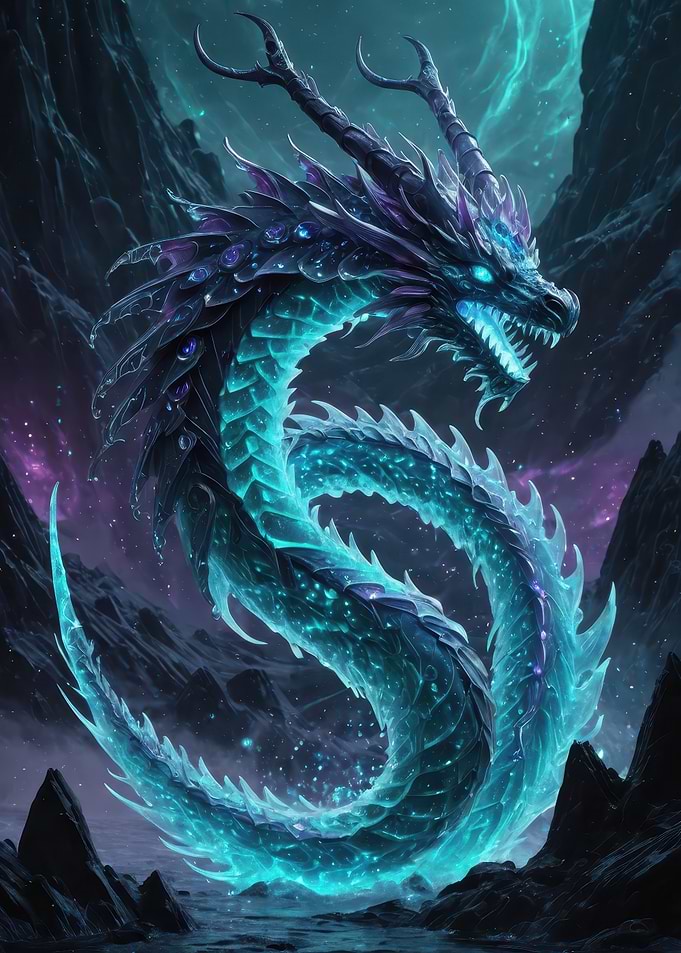 Luminescent Ice Sea Dragon — Glowing Cyan & Purple Fantasy Serpent