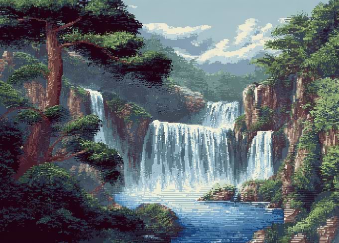 Pixel Art Waterfall Landscape