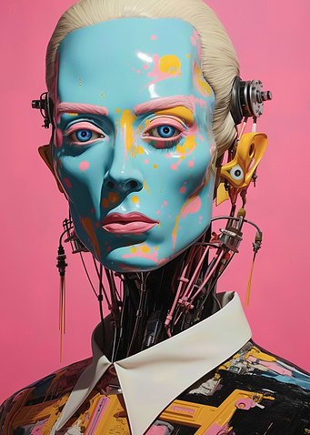 Colorful Cybernetic Portrait on Pink Background