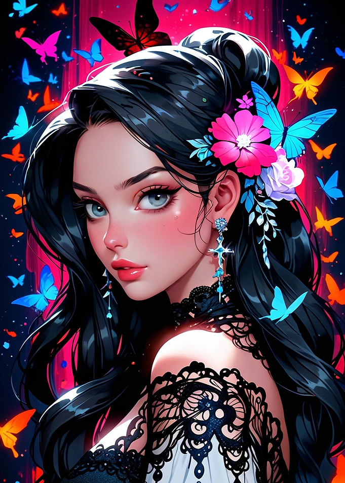 Anime Girl with Butterflies and Flowers