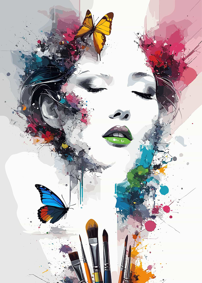 Abstract Portrait with Butterflies and Brushes
