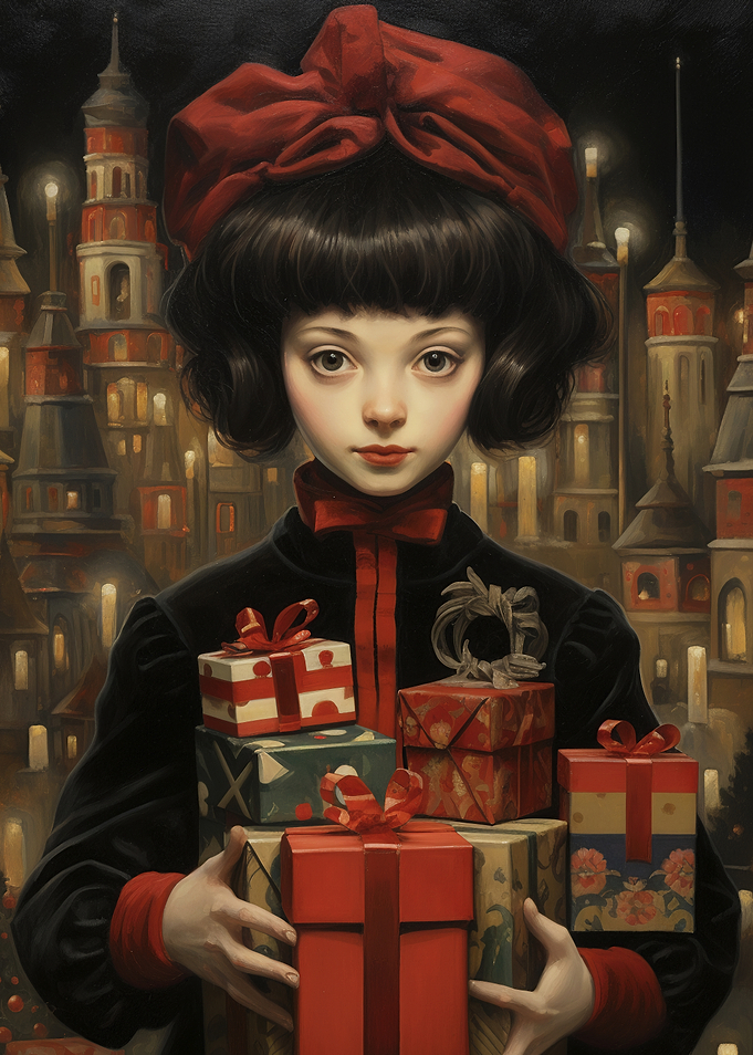 Girl with Gifts in Winter City